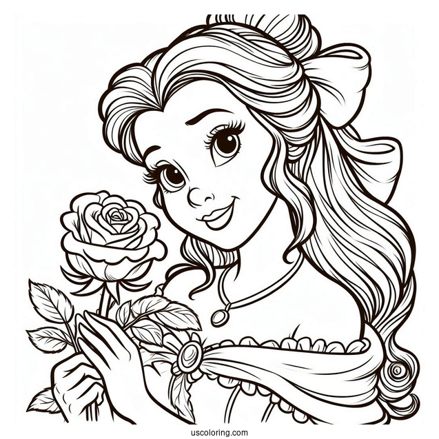 Detailed Coloring Page Of Belle Holding a Rose