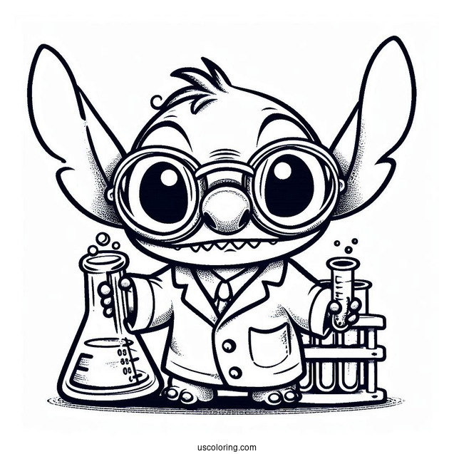 Science Coloring Page Of Mad Scientist Stitch With Goggles And Test Tube For Kids