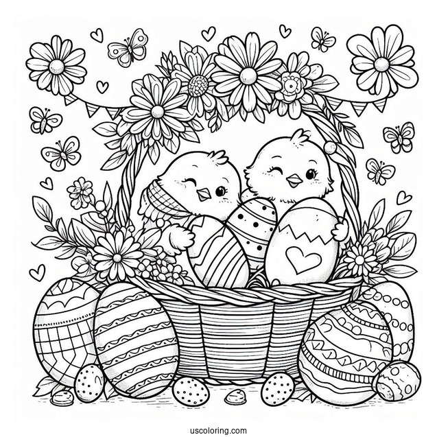 Happy Easter Coloring Page With Chicks And Eggs In Basket