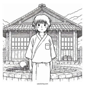Studio Ghibli Coloring Page of Chihiro Standing In Front Of Bath House