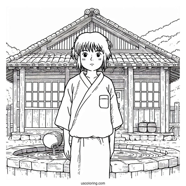 Studio Ghibli Coloring Page of Chihiro Standing In Front Of Bath House