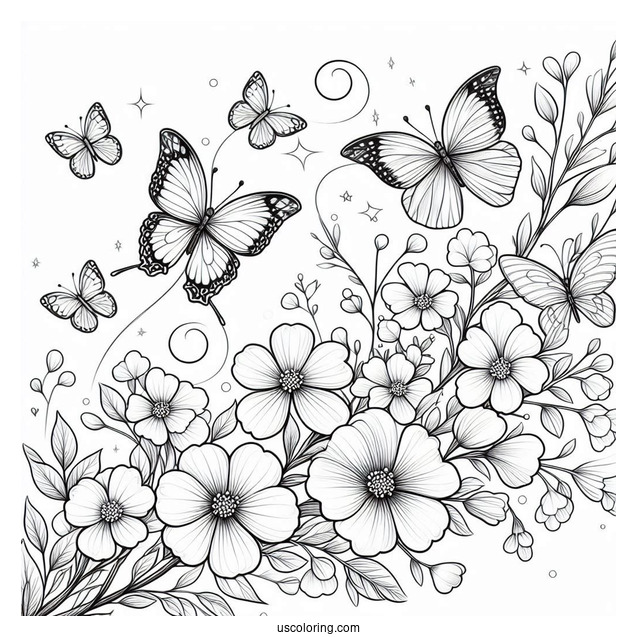 Butterflies Hovering Above Flowers In Spring