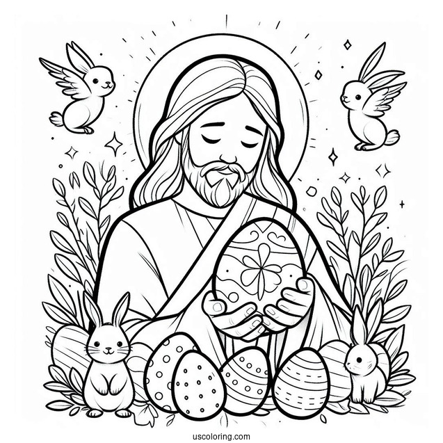Jesus Holding An Easter Coloring Page Of Egg While Surrounded By Bunnies