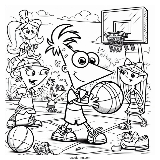 Phineas And Ferb Coloring Page Playing Basketball With Buford, Isabella, Baljeet, Candace, And Perry