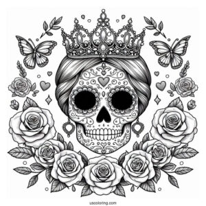 Realistic Sugar Skulls Coloring Page Costume With Tiara And Rose Wreath