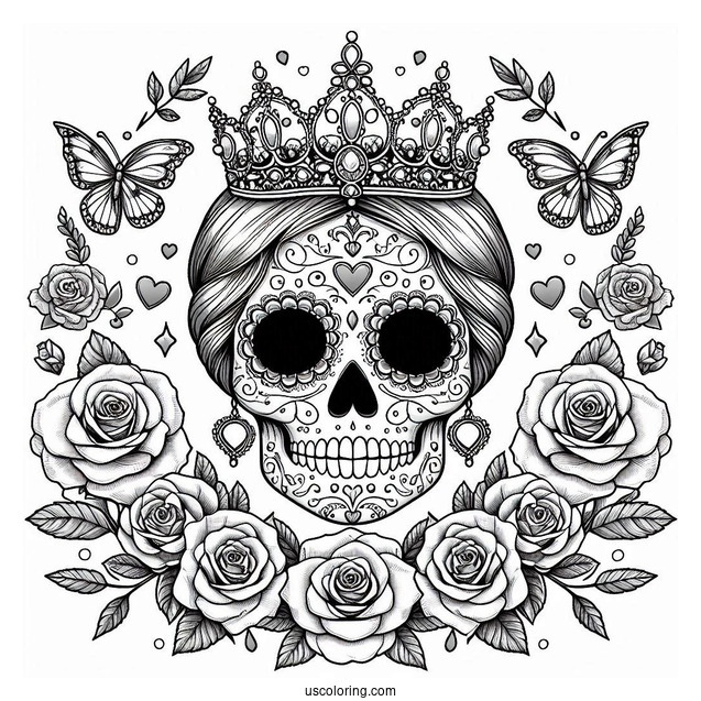 Realistic Sugar Skulls Coloring Page Costume With Tiara And Rose Wreath