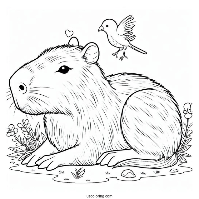 Capybara Coloring Page With Bird On Its Head
