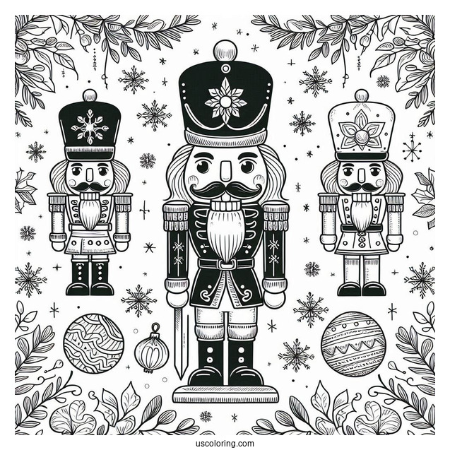 Nutcracker Coloring Page Guards With Laurels And Snowflakes In The Background