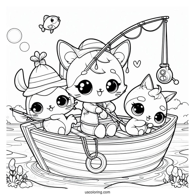 Cute Animals Fishing Coloring Page On A Boat At Sea For Kids