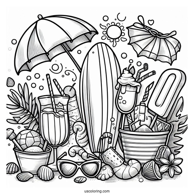 Summer Coloring Page Surf Board, Goggles, Popsicle, Hat, Seashell, Bucket, Drink, Sun, And Umbrella