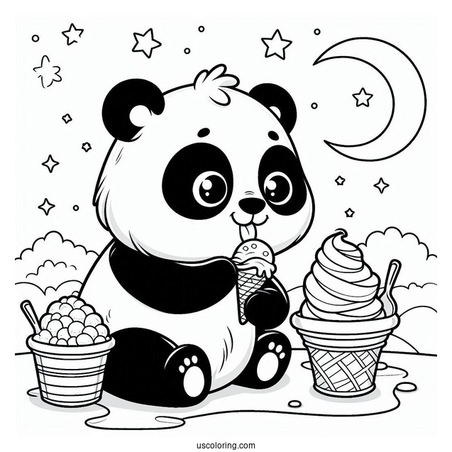 Furry Panda Coloring Page Eating Ice Cream In The Night Sky For Kids