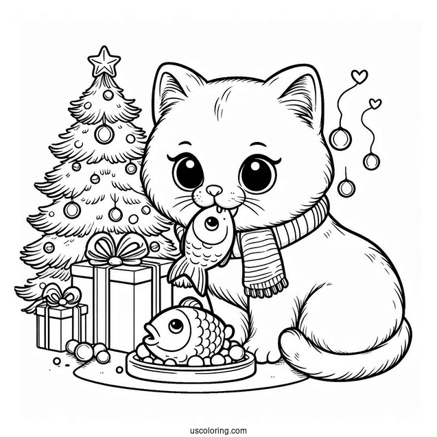 Cat Eating Fish Treat On Christmas Day Coloring Page