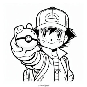 Pokemon Trainer Ash Holding Up A Pokéball Coloring Page