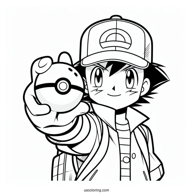 Pokemon Trainer Ash Holding Up A Pokéball Coloring Page