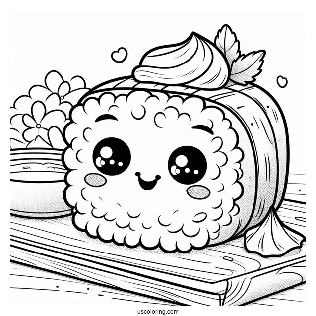 Sushi Coloring Pages Smiling Nigiri With Soy Sauce And Wasabi On A Board For Kids
