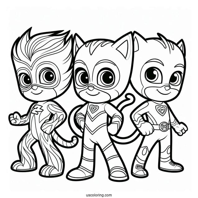 PJ Masks Coloring Page Of Gekko, Owlette, And Catboy Poster