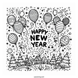 Happy New Year Coloring Page Of Confetti And Balloons
