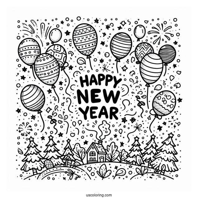 Happy New Year Coloring Page Of Confetti And Balloons