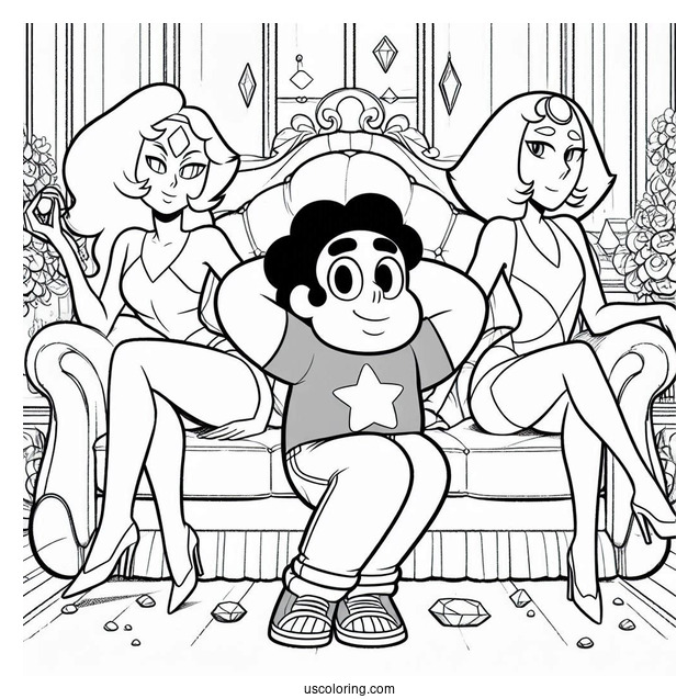Steven Universe Coloring Page Of Posing On Couch With Amethyst, Pearl, And Garnet