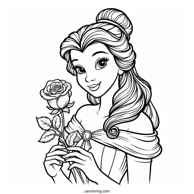 Detailed Coloring Page Of Belle Holding a Rose