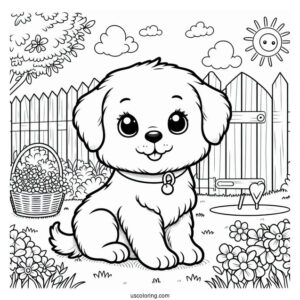 Coloring Sheet Of Cartoon Puppy In Backyard