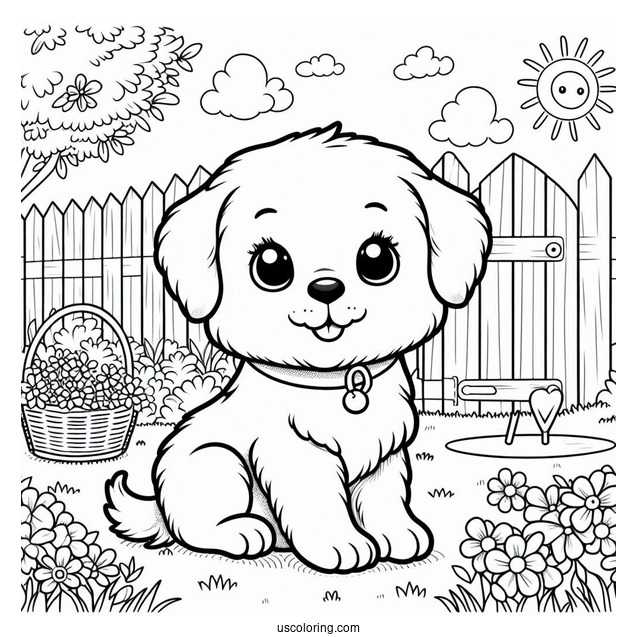 Coloring Sheet Of Cartoon Puppy In Backyard