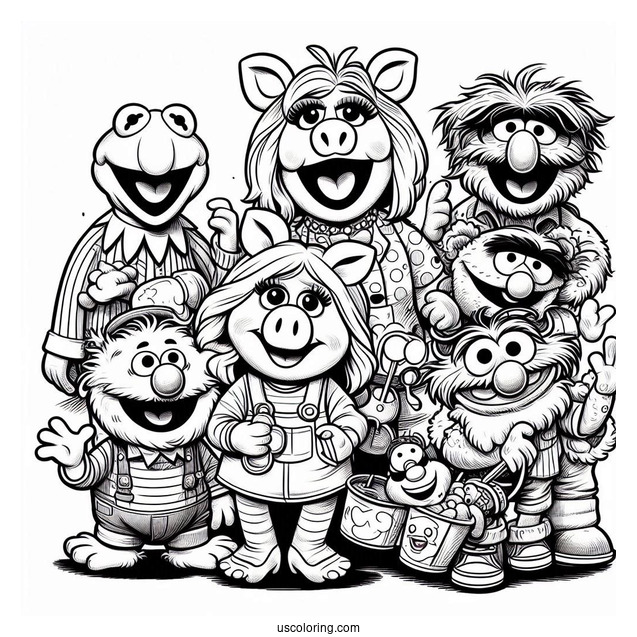 Muppets Coloring Page Of Babies Kermit, Miss Piggy, Fozzie, Gonzo, Animal, Rowlf, And Beaker