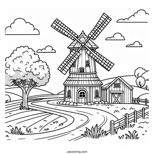 Easy Farm And Windmill To Color