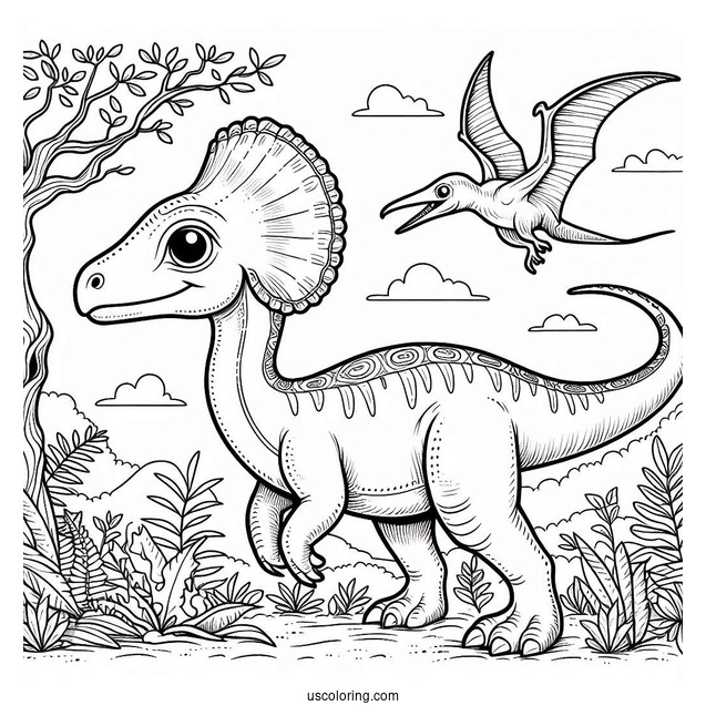 Parasaurolophus Coloring Page With Pterodactyl In The Background