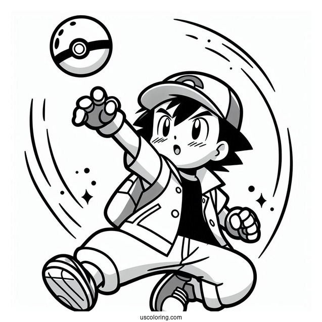 Ash Ketchum Throwing Pokeball Coloring Page For Kids