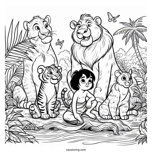 Jungle Book Coloring Page Of Mowgli, Baloo, King Louie, Shere Khan, And Kaa
