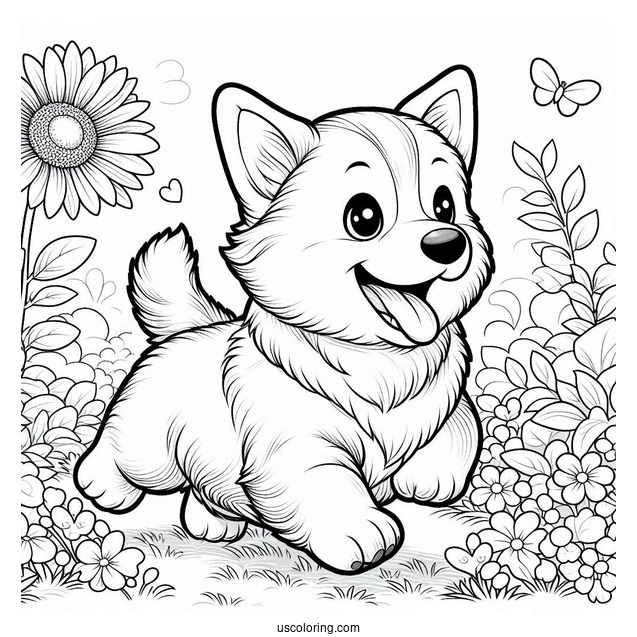 Puppy Corgi Coloring Page Running In Garden