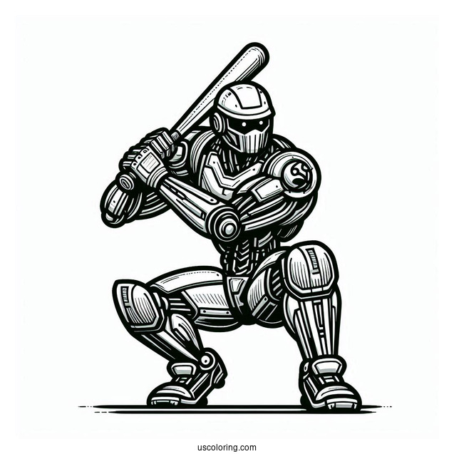 Cool Futuristic Robot Baseball Coloring Page Of Player Ready to Bat
