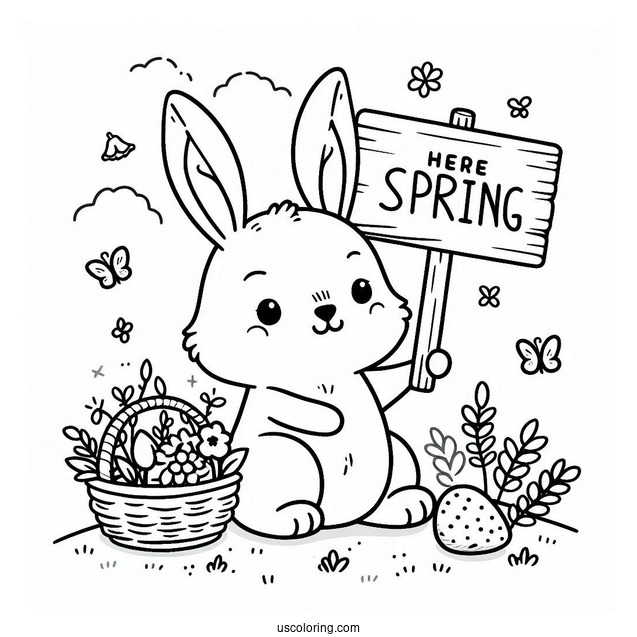 Rabbit Holding A Spring Is Here Sign Coloring Sheet