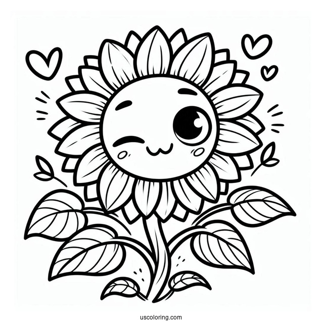 Cute Winking Sunflower Coloring In