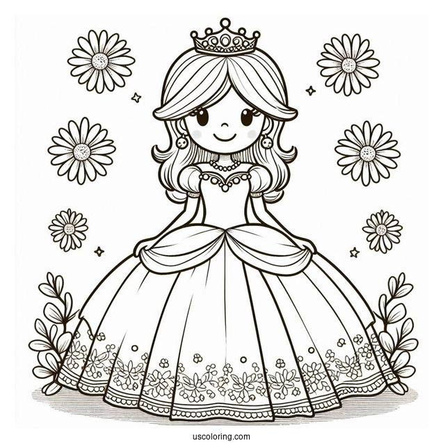 Easy Princess Daisy Coloring Page In Gown For Kids