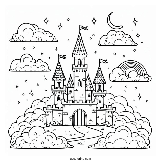 Cute Castle Coloring Page In The Clouds For Kids