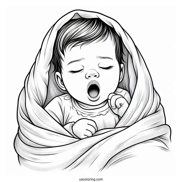 Realistic Baby Coloring Page Yawning Under The Blanket