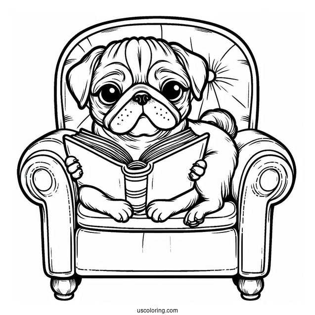 Pug Coloring Page Reading a Book in Armchair