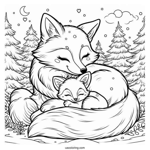Mama Fox Coloring Page Cuddling With Baby Fox In Snowy Forest