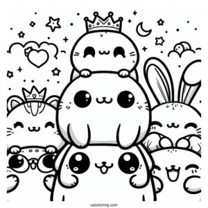 Kawaii Smiling Critters Coloring Page On Top Of Each Other