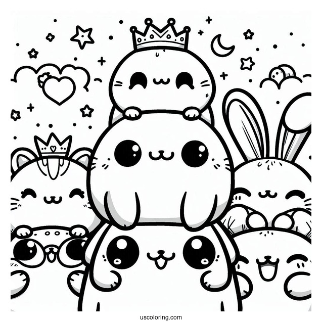 Kawaii Smiling Critters Coloring Page On Top Of Each Other