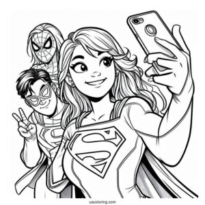 Spiderman, Superman, And Supergirl Coloring Page Taking A Selfie