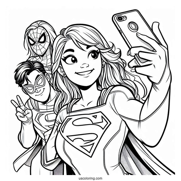 Spiderman, Superman, And Supergirl Coloring Page Taking A Selfie