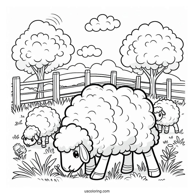 Sheep Grazing On A Farm Coloring Page