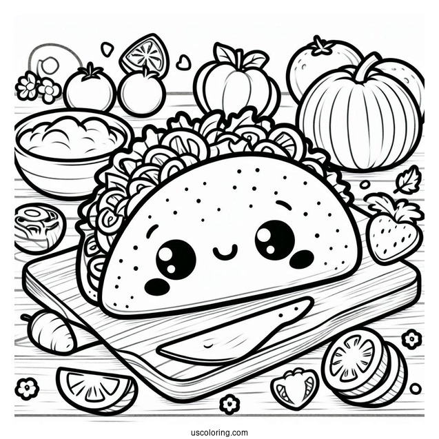 Cute Taco On A Chopping Board Surrounded By Vegetables