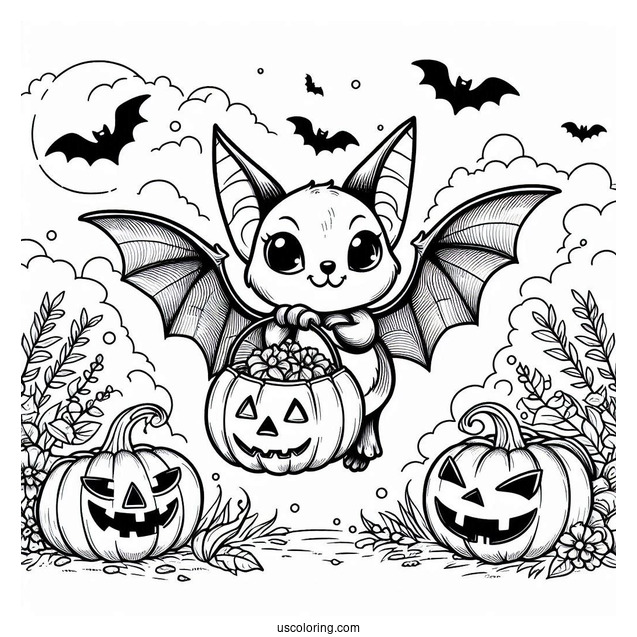 Bat Coloring Page Carrying Jack O Lantern On Halloween