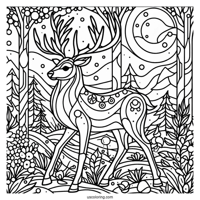Simple Reindeer In The Forest Stained Glass Coloring Page