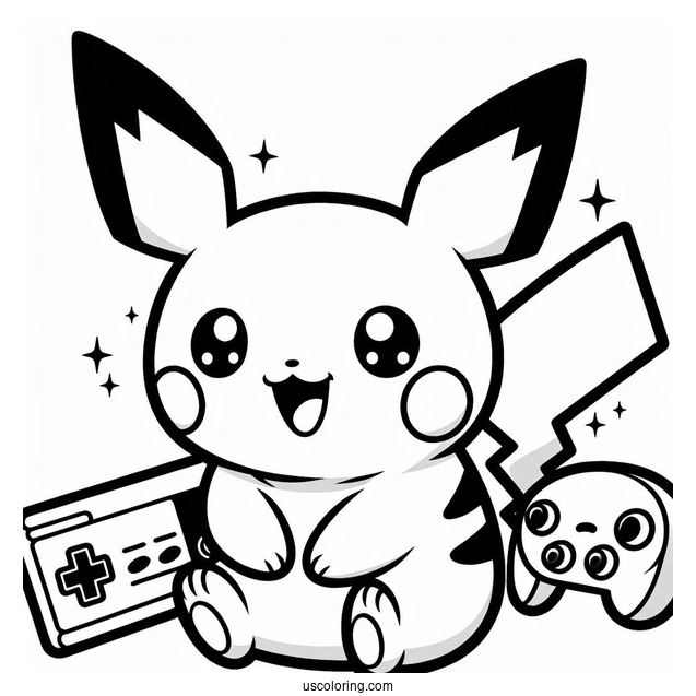 Smiling Pichu Coloring Page With Game Boy In The Background