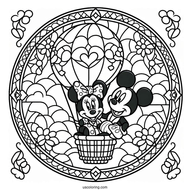 Mickey And Minnie Mouse On A Hot Air Balloon Stained Glass Coloring Page